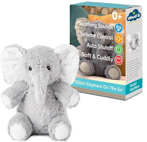 Cloudb | Soundmaschine mit weißem Rauschen | Kuscheliges Stofftier | Einstellbare Einstellungen & Auto-Off | Einschlafhilfe für Babys | Elliot Elephant Unterwegs