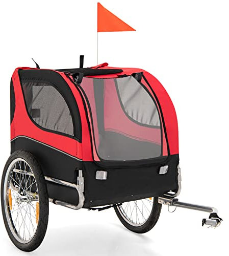 GOPLUS Remorque de Vélo pour Chien, Chariot pour Chien de Transport avec Drapeau, 8 Réflecteurs à Roues à Dégagement Rapide, idéal pour Chiens et Animaux Taille Moyenne, Charge 40 kg, Rouge