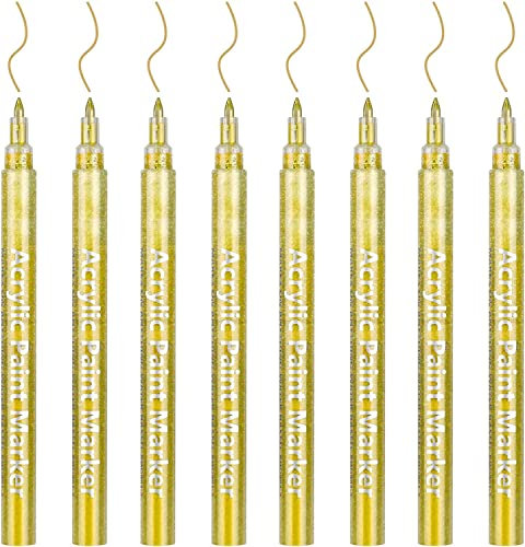 DONQL 8Pcs Acrylfarbe Stift 0.7mm Gold Metallic Permanent Acryl Marker Set Glas Glitter Farbe Stifte für Stoff Glas Rock Holz Keramik Leder (8 gold)
