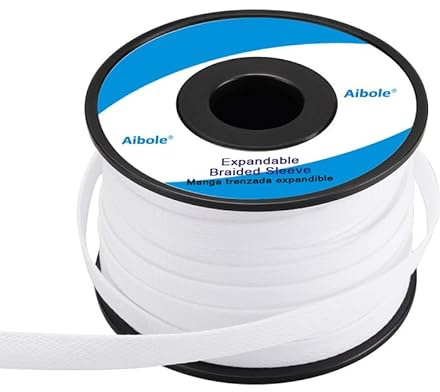 PET Expandable Braided Sleeving 100Ft-1/2 inch Wire Loom, Aibole Braided Cable Sleeve Wire Wrap,White