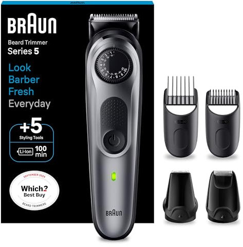 Braun Beard Trimmer Series 5 & Hair Clippers, Beard Trimmer Men Rechargeable, 40 Length Settings, 100-Min Cordless Runtime & Waterproof, BT5440, Silver, Black