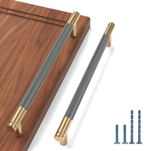 9BUILD 10 Stück Schrankgriffe Gold und Grau Lochabstand 192mm Griffe für Küchenschränke Gerändelte Möbelgriffe Küchengriffe griffe möbel Küchenschrank Schranktürgriffe EU0020