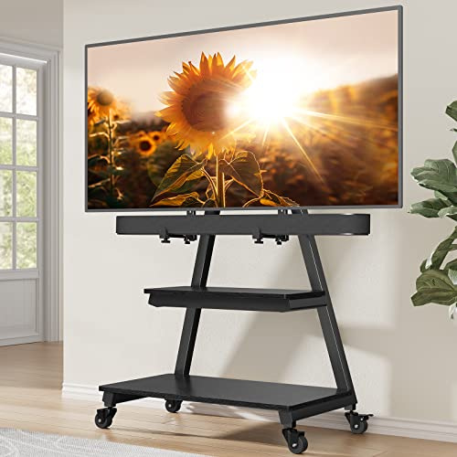 Perlegear Mobile TV Stand with Soundbar Mount, Rolling Floor TV Stand with Wheels for 43-83 TVs up to 132lbs, Mobile TV Cart with Storage Shelves, Tilt Swivel Corner TV Cart Max VESA 600x400mm
