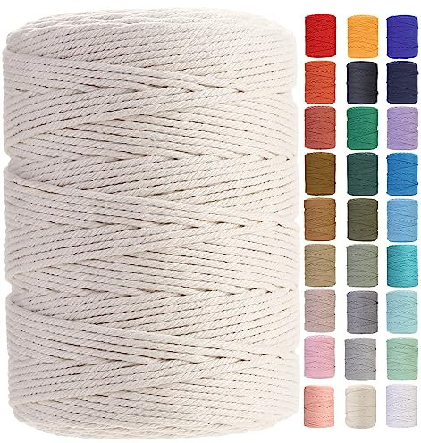 GOHOF Macrame Cord 3mm x 450m Premium Cotton Macrame Rope, 4 Strand Twisted Soft Cotton Cord, One of The Most Perfect Materials for Macrame Art, Cotton String Without Chemicals (Beige)