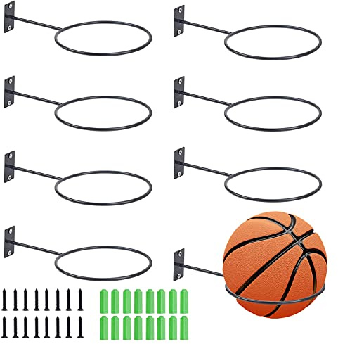 SVUPUE Soportes De Pared para Pelota De Baloncesto, Soporte De Pelota Deportiva, 8 Piezas Metal Soporte de Exhibición, con 16 Tornillos y 16 Tubos de Expansión, para Baloncesto Fútbol y Rugby, Negro