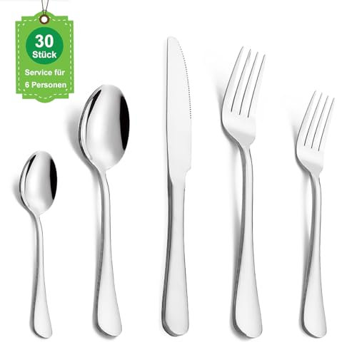 TANTOMI Besteck Set,30-teilig Bestecks für 6 Personen,besteck set 6 personen,Besteckset inkl. Messer, Gabel,Löffel,Besteck Edelstahl (Mirror Silber).