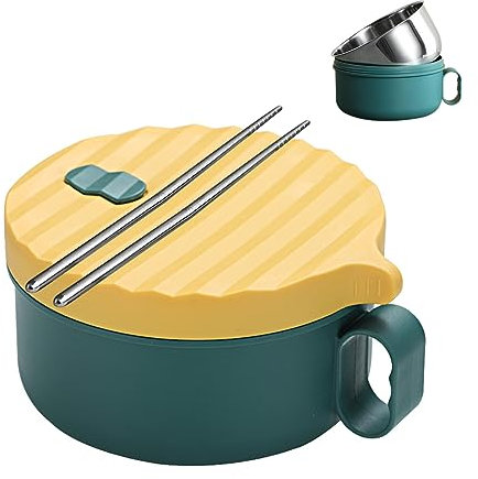 Ramen Cuenco de acero inoxidable con palillos, 1200 ml, cuenco japonés para sopa con tapa, cuenco instantáneo, vajilla japonesa (verde y amarillo)