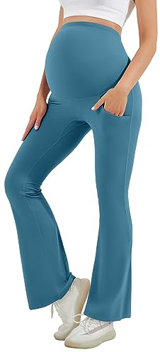 HEGALY Dam moderskap utsvängda leggings över magen – vardaglig graviditet yogabyxor med fickor, mjuk mjuk, Blå (Teal blå), M