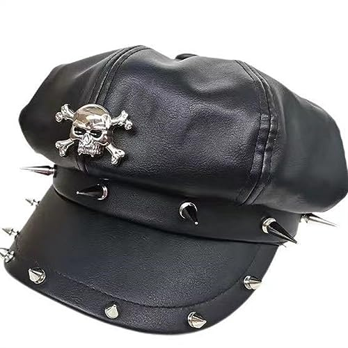 GDSCSKKS Herren- und Damen-Lederhüte mit schwarzen Metallnieten, Rock-Performance-Hüte, Halloween-Paardekorations-Totenkopfhüte (Color : Black A, Size : XS-54CM)