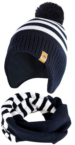 Mütze und Loop Schal Kinder Set- (3-8 Jahre) Mütze Jungen Wintermütze Schlauchschal Kinder Mütze mit Bommel Ohrenklappen Winter Bommelmütze Kindermützen Ski Beanie Hut Geschenk für Jungen Mädchen