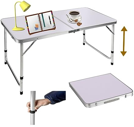 120 cm / 3,9 pies Heavy Duty plegable en mesa media con 3 altura ajustable, mesas de camping portátiles, mesa auxiliar plegable para barbacoa, color blanco
