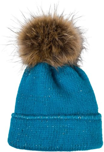 styleBREAKER Damen Strick Bommelmütze Pailletten Uni Fake-Fur | Isolierendes Thermo-Fleece Innenfutter für den Winter, 10cm Kunstfell Pompon, 22cm Bundweite, elastisch für 50-59cm Umfang.