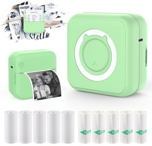Mini Taschendrucker, Tragbarer Thermo Fotodrucker mit 6 Rollen Druckpapier für iOS/Android Bluetooth Tintenloser Drucker Etikettendrucker für Tagebücher, Studiennotizen, Etiketten, Memos(Grün)