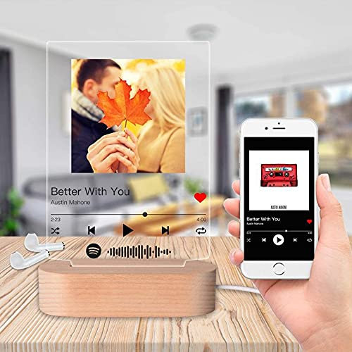Hadefa Placa acrílica de Spotify, señalización decorativa personalizable con canción y foto favoritas, luces LED, placa rectangular o cuadrada moderna, regalos para mujeres y hombres
