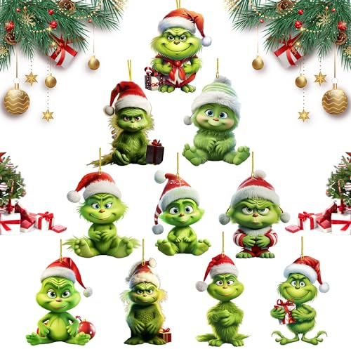 Grinch Weihnachtsschmuck, 10 Stück Grinchs Weihnachtsbaumschmuck, Grinch Weihnachtsdekorationen, Grinch Hängende Ornament, Grinch Deko Weihnachtsbaum Dekorationen Anhänger, für Zuhause, Urlaub
