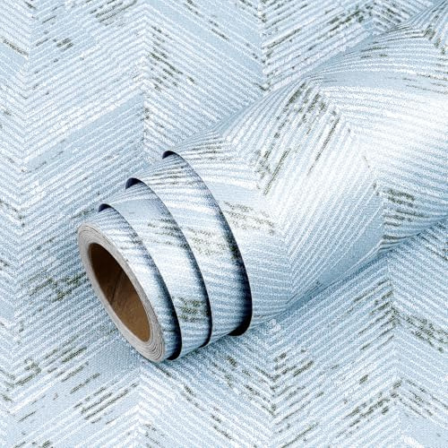 Livelynine Klebefolie Möbel Blau Fischgrätenmuster Grau Weiß Ader 40CMx5M Tapete Selbstklebend Blau Muster Tapete Kinderzimmer Neutral Schlafzimmer Wohnzimmer Bad Wand Tapeten Hellblau Landhausstil