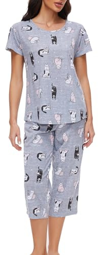 CHUNG Dam pyjamasset kortärmad topp capribyxor bomullsblandning myskläder pyjamas blommigt djurtryck S-3XL, Mysig katt, 46-48
