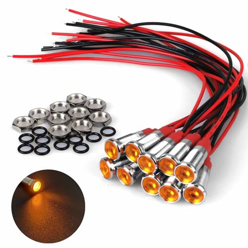 DMWD 10Pcs 6mm (1/4) Energy Saving LED Indicator Light 12V-24V 20mA Metal Waterproof Wide Flat Head Signal Lamp Pilot Dash Directional with Wire （Yellow LED 10Pcs）