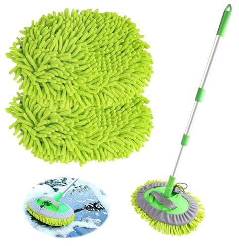 118cm Spazzola Lavaggio Auto, 2 in 1 Microfibra Spazzolone per Autolavaggio Guanto Kit per Auto Camper Camion SUV, Non Danneggia Vernice (2 x Teste per Mocio)
