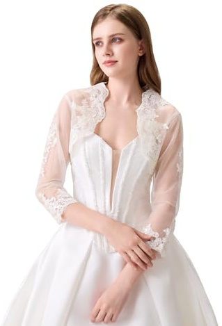 Bolero da sposa in pizzo, da donna, a maniche lunghe, Avorio, Small
