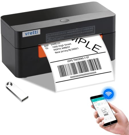 vretti WiFi Etikettendrucker 4x6,WLAN Shipping Label Printer | DHL Versandetiketten 100 x 150 mm,Thermodrucker Labeldrucker für DHL DPD UPS,99,99% Barcode-Scanrate