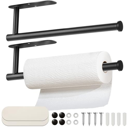 KEXIBO 2 Stück Küchenrollenhalter Ohne Bohren,Edelstahl Küchenpapierhalter,Papierrollenhalter Selbstklebend Praktisch Rollenhalter unter dem Schrank,Schwarz