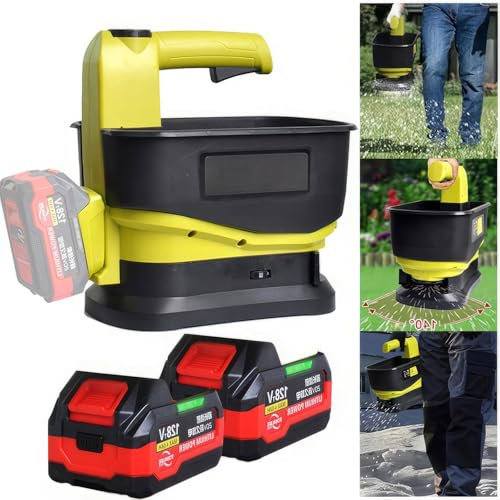 Esparcidor de semillas de césped de mano, esparcidor de fertilizante inalámbrico de 5,5 l, esparcidor de semillas de césped, esparcidor de sal con batería de 2 x 4,0 Ah, ancho de dispersión ajustable