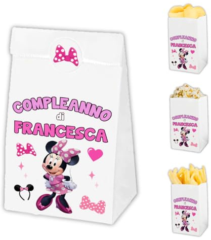 Auguriando 25 Sacchettini Compleanno Bambini Personalizzati Sacchetti Dopo Festa Regalo Personaggi Sacchetto Carta Regali dopofesta Caramelle Alimenti (Minnie)