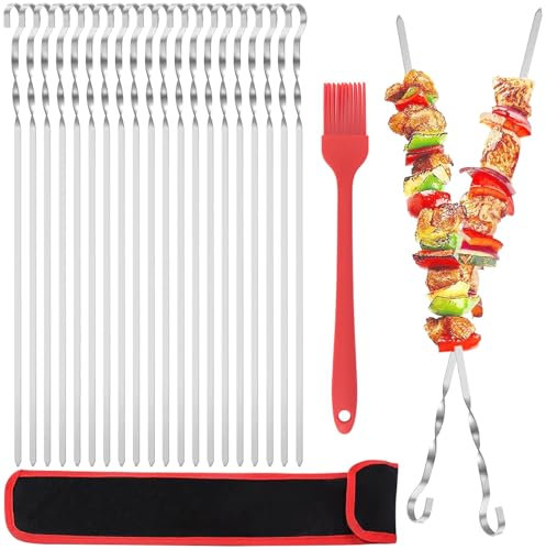 20 Stück Schaschlikspieße Edelstahl, 40cm Lange Grillspieße aus Rostfreiem edelstahl Und Einen Ölpinsel, Wiederverwendbar Grillzubehör mit Nylontasche für Fleisch, Gemüse, Lagerfeuer, Grillschale