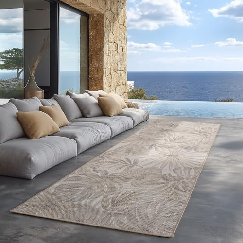 Carpettex Outdoor Teppich wetterfest Beige 80x150 cm Läufer, UV-beständig, ideal für Küche, Balkon, Terrasse auch Wohnzimmer und Esszimmer, Palmblätter-Design