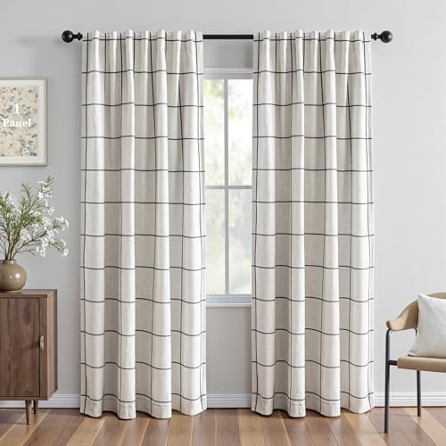 MYSKY HOME 100% Blackout Plaid Farmhouse Linen Curtains 84 Inch Long for Living Room Double Layer Windowpane Drapes Thermal Insulated Privacy Protection Rod Pocket Back Tab, 52 W, Black, 1 Panel