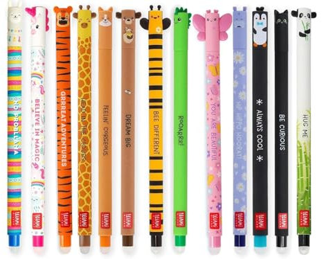 LEGAMI Set mit 13 radierbaren Gelstiften Gelschreiber verschiedene Tintenfarben Lama, Einhorn, Tiger, Giraffe, Corgi, Teddy, Biene, Dino, Schmetterling, Hippo, Pinguin, Panda und Kitty