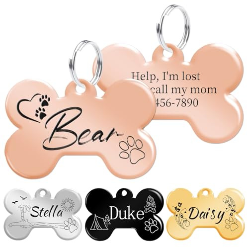 Hundemarke mit Gravur, Personalisiert Adressanhänger Hund, Personalisierter Doppelseitige Graviertes Identifikationsetikett für Haustierhalsband, Knochenform, Rosa