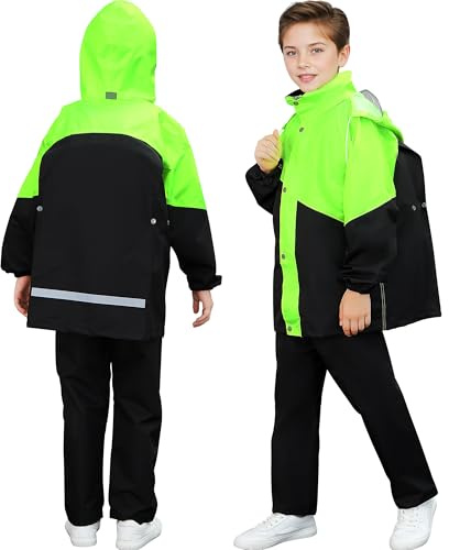 Baogaier Enfants Imperméable à Capuche 2 Pièces Ensemble Léger 8-14 Ans | Fille Garçon, Manteau Veste de Pluie et Pantalon Combinaison, Bandes Réfléchissante, Vêtements pour Sport Randonnée Voyage