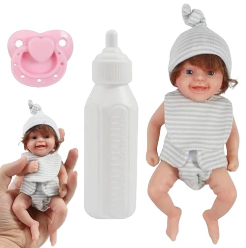 Mini -Babypuppen, 6 niedliche realistische offene Augen Neugeborene Babypuppe, flexible Silikonpuppe mit Flaschen und Schnuller, tragbarer Mini Silicone Ganzkörper für Kindergeschenke, Spielzeug