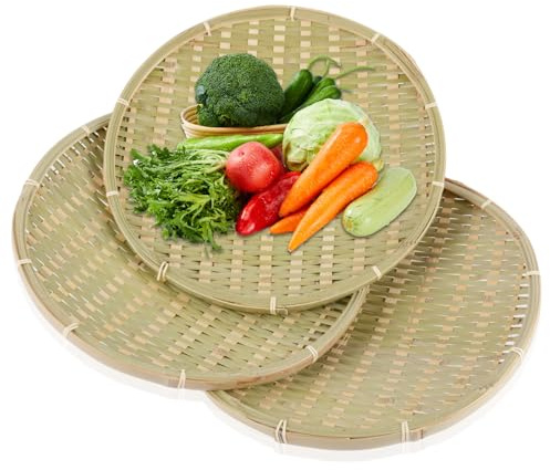 3 Pack 12inch Bamboo Basket Tray, Wicker Bread Baskets, 100% Natural Handmade Woven Fruit Baskets, U Shape Holder Flat Shallow Vegetables Serving Basket, Stackable