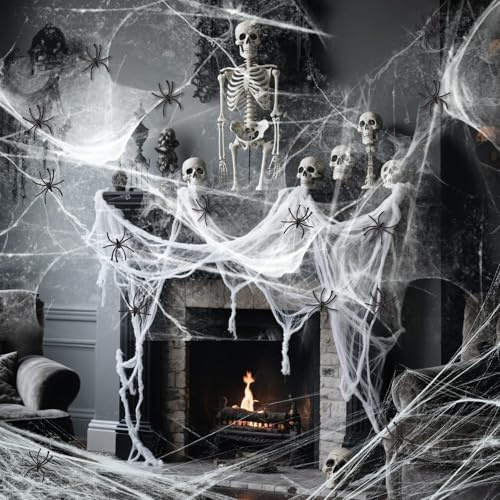 SUNBEAUTY 1000sqft Spinnennetze Halloween Spinnennetz Deko Dehnbare mit 40 Stück Mini Spinnen für Halloween Innen/Außen Party Decor, Garten, Häuser, Tür Fenster, Kamin, Horror Spukhaus, Hof Grusel