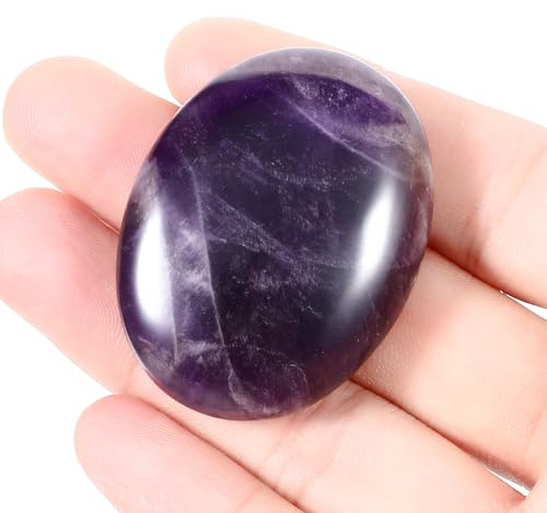 KFHENSOMR 1.85‘ Amethyst Stein Kristall Sorgensteine Oval Poliert Palme Edelsteine Massage Heilung Reiki Energiestein für Angst Stressabbau Home Dekoration Balancing Meditation Zubehör