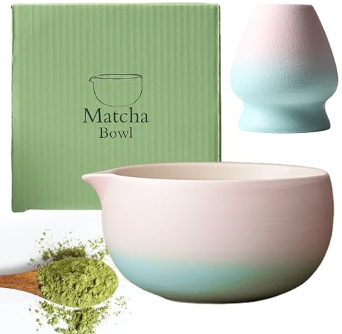 PRITOK Ciotola per matcha, 2 pezzi, 18 OZ, Matcha Chawan, realizzata a mano, per la cerimonia matcha, ciotola in ceramica matcha, con beccuccio, rosa sfumato