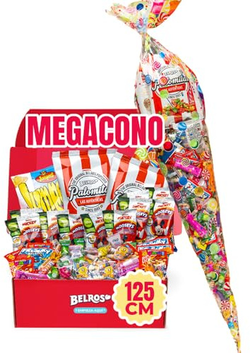 BELROS Megacono Gigante Caramelos y Golosinas 125cm de Altura. Ideal Regalos, Celebraciones y Cumpleaños. Contiene Dulce y Salado. Incluye Manual de montaje