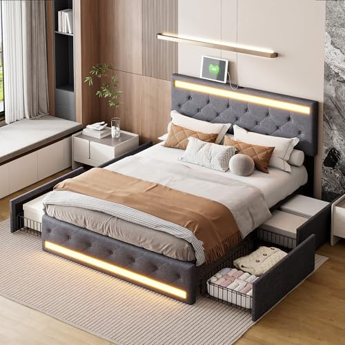 TIMORWTF Säng 140 x 190 med LED- och USB-ribbotten, bagagesäng 140 x 190 med 4 lådor, justerbar vadderad sänggavel, dubbelsängar med förvaring, 2 personer för vuxna, linne, mörkgrå