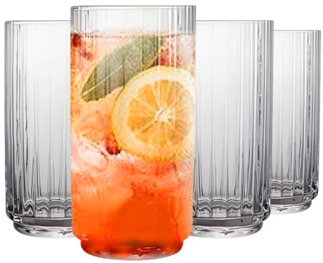 MYKAGS Set of 4 Ribbed Glass Cups 500ml Dishwasher Safe Elegant Drinkware Classic Vintage Glassware for Water Juice Cocktails Soft Drinks Durable and Stylish Everyday Use