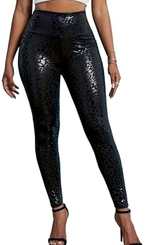 Hög midja ormskinn mönster leggings för kvinnor – glänsande stretch slim fit tights för utekväll, fitness och vardagsstil, Svart ormtryck, S