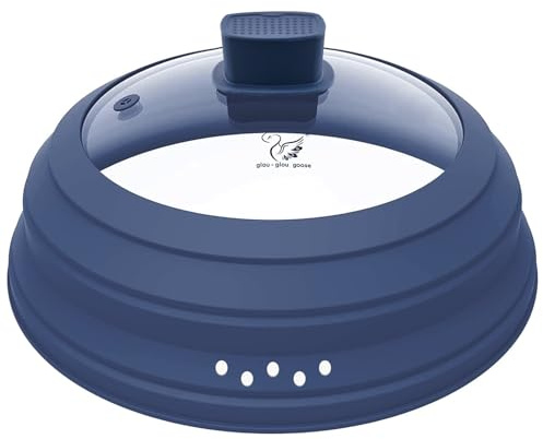 Tall Microwave Splatter Cover Glass Cover Guard Lid 5.8 inch Height with Collapsible Silicone for Food Pot Plate 8.5 inch Dark Blue