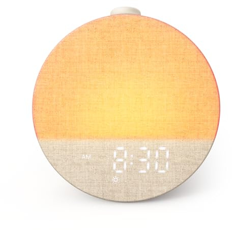 Dreamegg Wake-Up Light-Sunrise Alarm Clock, Reloj Despertador de Amanecer-Modo Favorita, Máquina Ruido Blanco 29 Sons, Luz y Pantalla Regulables, 10 Colores, 6 Alarmas, Temporizador 5–180 min, Snooze