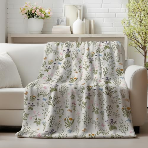 Horaldaily Spring Summer Flannel Blanket Throw, Green Plants Wild Flowers Soft Fuzzy Plush Cozy Fleece Blankets for Couch Sofa Bed Lounging, Ideal Gifts for Kids Adults Self, 60x80