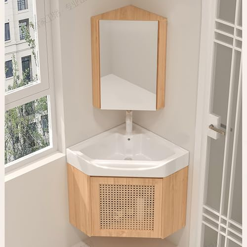 Mobile bagno angolare con lavandino, lavabo sospeso in ceramica e armadietto a specchio, include rubinetto e scarico, ideale per piccoli spazi, soluzione per riporre oggetti in bagno