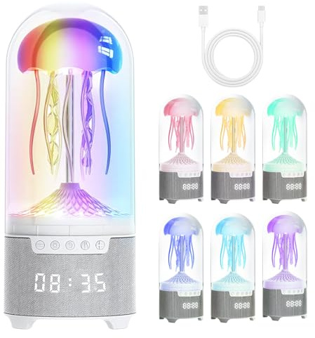 hzuisst Quallen Lampe, 5-in-1 Jellyfish Lamp mit Bluetooth-Lautsprecher, FM-Radio, Wecker, Weißes Rauschen, 7 Farbmodi für Ambiente-Beleuchtung, USB-wiederaufladbare sensorische Quallen Nachtlampe