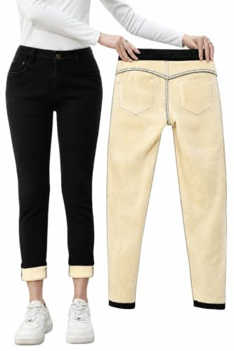 Merlvida Jeans Thermiques Femme Taille Haute Push Up, Pantalon Jean Confortable et Chaud pour l'hiver, Jeans Ajustés avec Doublure Polaire, Leggings en Denim Doublés et Élastiques