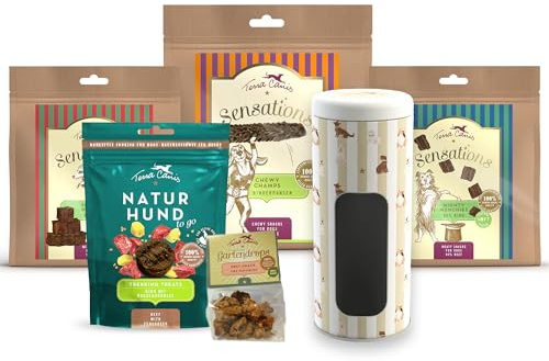 Terra Canis Kennenlernpaket Snacks mit Leckerlidose, 5-teilig | 100% Lebensmittelqualität aller Rohstoffe, vielfältige Snack-Auswahl, inklusive Leckerlidose